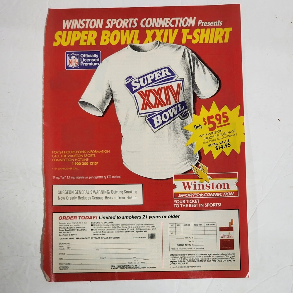 Vintage Print Ad Winston cigarettes Super Bowl XXIV t-shirt clipping 1990 8x10